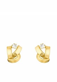 Un paio di orecchini a forma di nodo in oro, ciascuno impreziosito da una singola pietra preziosa rotonda e trasparente nella parte superiore.