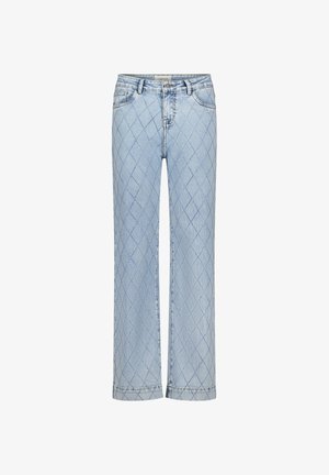 Hellblaue, hoch taillierte Jeans mit weitem Bein, diamantförmigem Steppmuster, vorderen Taschen, Gürtelschlaufen und Knopfverschluss.