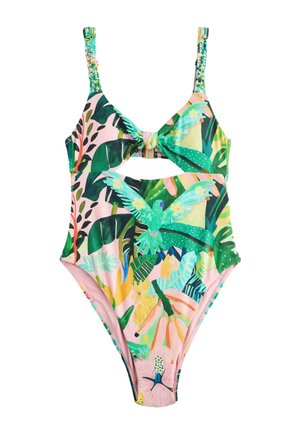 Ein Einteiler-Badeanzug mit grünem tropischem Blattmuster und einem grünen Papagei-Print, mit dünnen Trägern, einem vorderen Knoten und einem Ausschnitt unter der Brust.