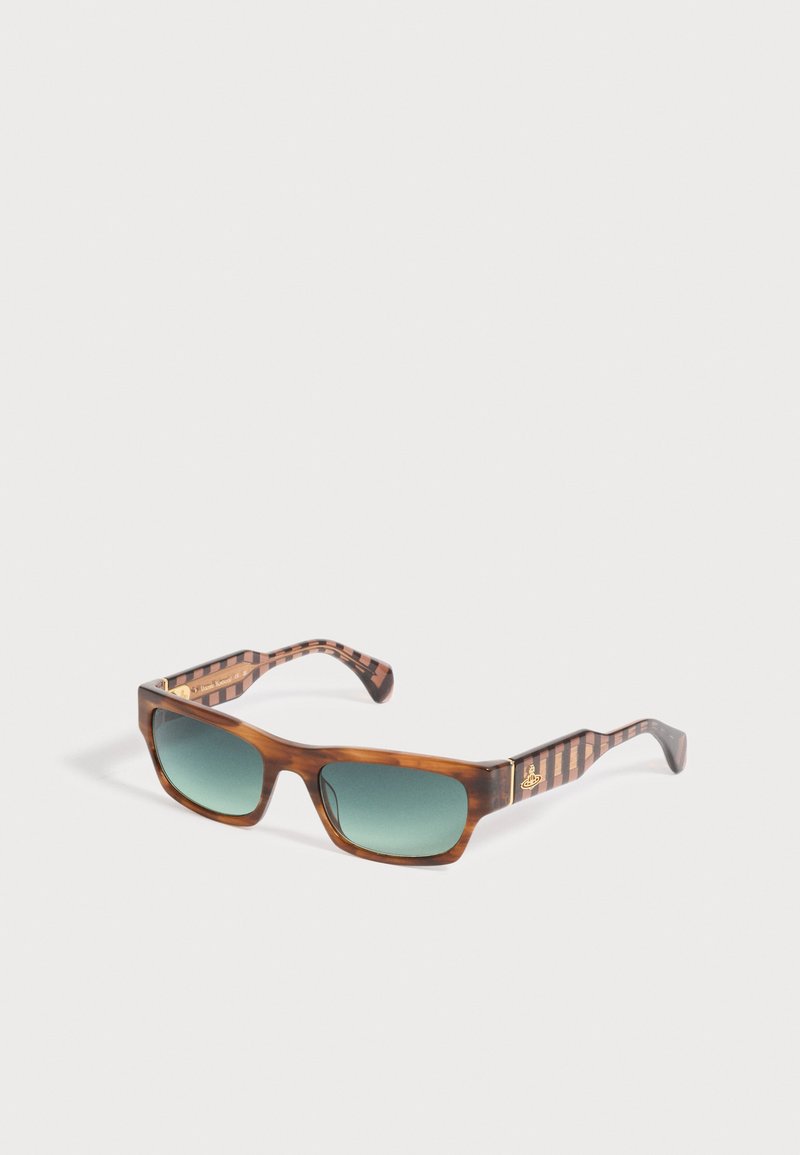 Rectangular tortoiseshell sunglasses with green gradient lenses and striped arms featuring a small gold emblem on the temples.