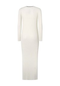 Dolga, žametna obleka v beli barvi z dolgimi rokavi in okroglo ovratnikom. Ima elastičen material in prilegajoč silhueto za eleganten videz.