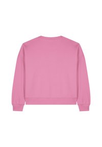 Roze sweatshirt met een ronde hals, lange mouwen en geribbelde boorden. Gemaakt van zachte stof met een gladde textuur en zonder patronen.