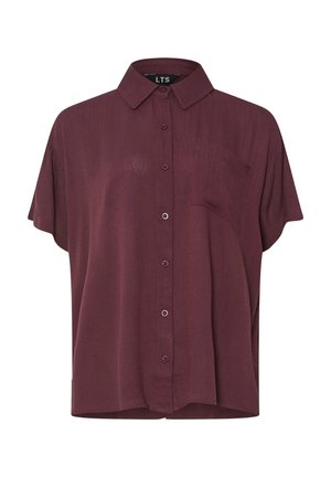 Korte mouw blouse in donker bordeauxrood met kraag en borstzak, losse pasvorm, lichtgewicht stof.
