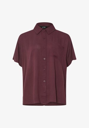 Camicia a maniche corte con bottoni, colore bordeaux scuro, con colletto e taschino sul petto, vestibilità comoda, tessuto leggero.
