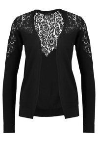 Czarny kardigan z długimi rękawami, otwarty z przodu, z kwiatowym koronkowym zdobieniem na ramionach i górnej części pleców.