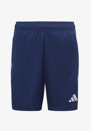 Pantalones cortos deportivos de color azul marino, fabricados con material suave, que cuentan con una cinturilla elástica y el logo blanco de Adidas en la parte inferior derecha.