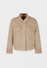 Beige denimjakke med krave, to brystlommer og frynsede manchetter. Den har et cropped design og diskrete syninger.