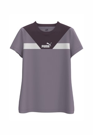 Purple short-sleeve t-shirt with a dark violet and white chevron design. Features a small Puma logo on the front center. Smooth fabric texture.