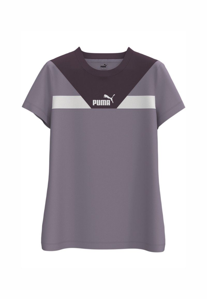 Lilla lühikese varrukaga T-särk, tumelilla ja valge chevron-mustriga. Ees keskosas on väike Puma logo. Sile kangastekstuuri.