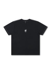 Black short-sleeve t-shirt with a crew neck, featuring white vertical stripes on the shoulders and a small white logo on the chest.