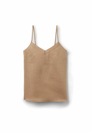 Camisole beige à fines bretelles spaghetti avec décolleté en V, tissu lisse, sans motifs ni ornements visibles, étendue à plat sur fond blanc.