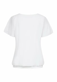 Top bianco a maniche corte con scollatura rotonda. Tessuto morbido con orlo leggermente arricciato, texture liscia e senza motivi o grafiche visibili.