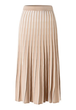 Beige midinederdel med lodrette hvide striber, plisseret design og en tætsiddende talje.