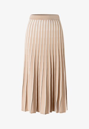 Beige midinederdel med lodrette hvide striber, plisseret design og en tætsiddende talje.