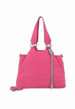 Borsa in suede rosa con doppi manici superiori, hardware in argento e un accento decorativo in corda blu. Presenta una forma strutturata e una tracolla rimovibile.