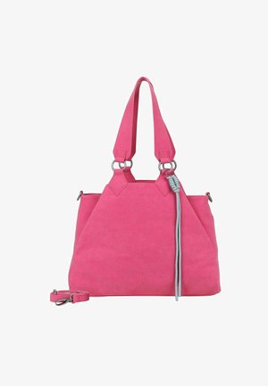 Bolso de ante rosa con dos asas superiores, detalles en plata y un acento decorativo de cordón azul. Presenta una forma estructurada y una correa removible.