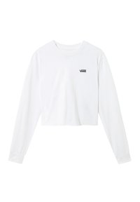 Weißes langärmeliges, cropped T-Shirt aus Baumwolle mit einem schwarzen Vans-Logo auf der linken Brust. Normale runde Ausschnitt und enganliegende Ärmel.