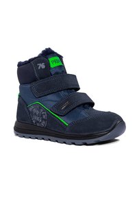 Granatowe wysokie buty sportowe z dwiema rzepami, z teksturowanej zamszowej i siateczkowej cholewki, jasnielimonkowe akcenty oraz gumową podeszwą.
