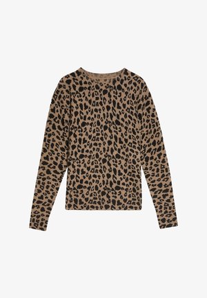 Pull long à manches longues en imprimé léopard beige avec des taches noires, présentant un col rond et une texture douce en tricot.