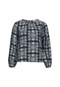Blusa navy con mangas largas y abullonadas, y escote redondo. Presenta un patrón floral y paisley blanco en toda su superficie. Tela suave y ligera.
