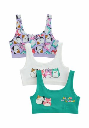 Drei Mädchen-Trägershirts: lila mit Muster aus Katzen-, Eulen- und Einhorn-Gesichtern; weiß mit vier Tiergesichtern; grün mit zwei Tiergesichtern und dem Text "Squish Mallows".