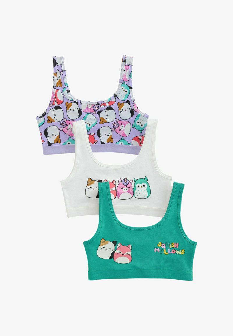 Három lány trikó: lila, macska, bagoly és unikornis arc mintával; fehér négy állatarccal; zöld két állatarccal és "Squish Mallows" felirattal.