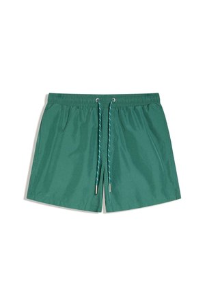 Zeleni moški kopalne hlače z elastičnim pasom in belim vrvico s črtami, s stranskimi žepi na belem ozadju.