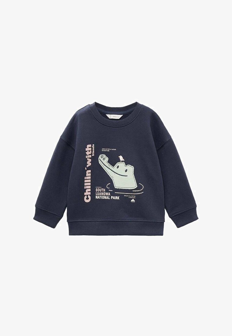 Felpa blu navy con collo a giro, caratterizzata da una grafica di un coccodrillo e la scritta "Chillin' with friends" in rosa chiaro e verde.