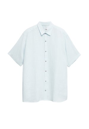 Chemise bleu clair à manches courtes avec col classique, sept boutons visibles et coupe décontractée, présentée sur un fond blanc uni.