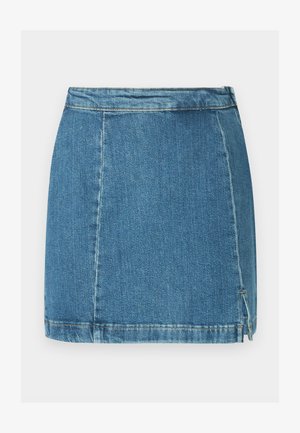 Μπλε μίνι φούστα από τζιν με πλευρική σχισμή και ορατή ραφή, ίσια γραμμή και λεπτομέρεια στη ζώνη μέσης.