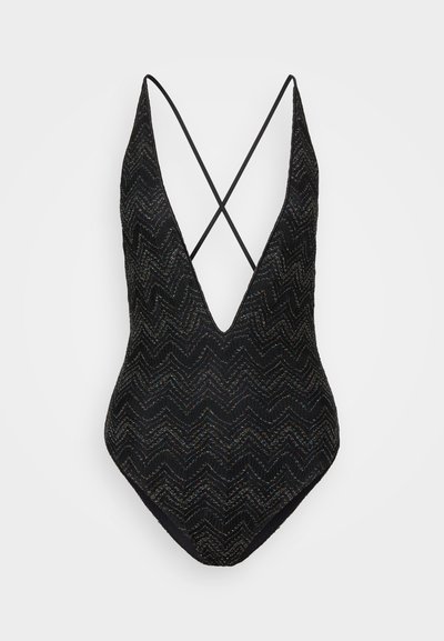 Black one-piece swimsuit with a deep V-neck and crisscross straps. Textured with a wavy pattern featuring subtle multicolored threads.