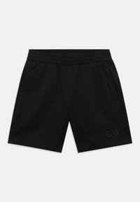 Mustad sportpüksid, mis on valmistatud pehmest kangast, varustatud elastse vöökohaga ja küljetaskutega, alumisel vasakul küljel väike EA7 logo.