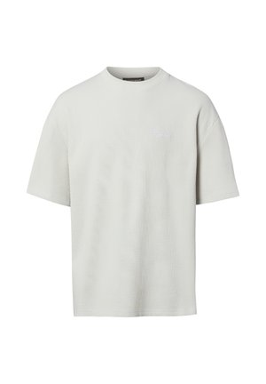 Hellgraues geripptes T-Shirt mit kurzen Ärmeln, Rundhalsausschnitt und kleinem, dezentem Logo auf der linken Brust.