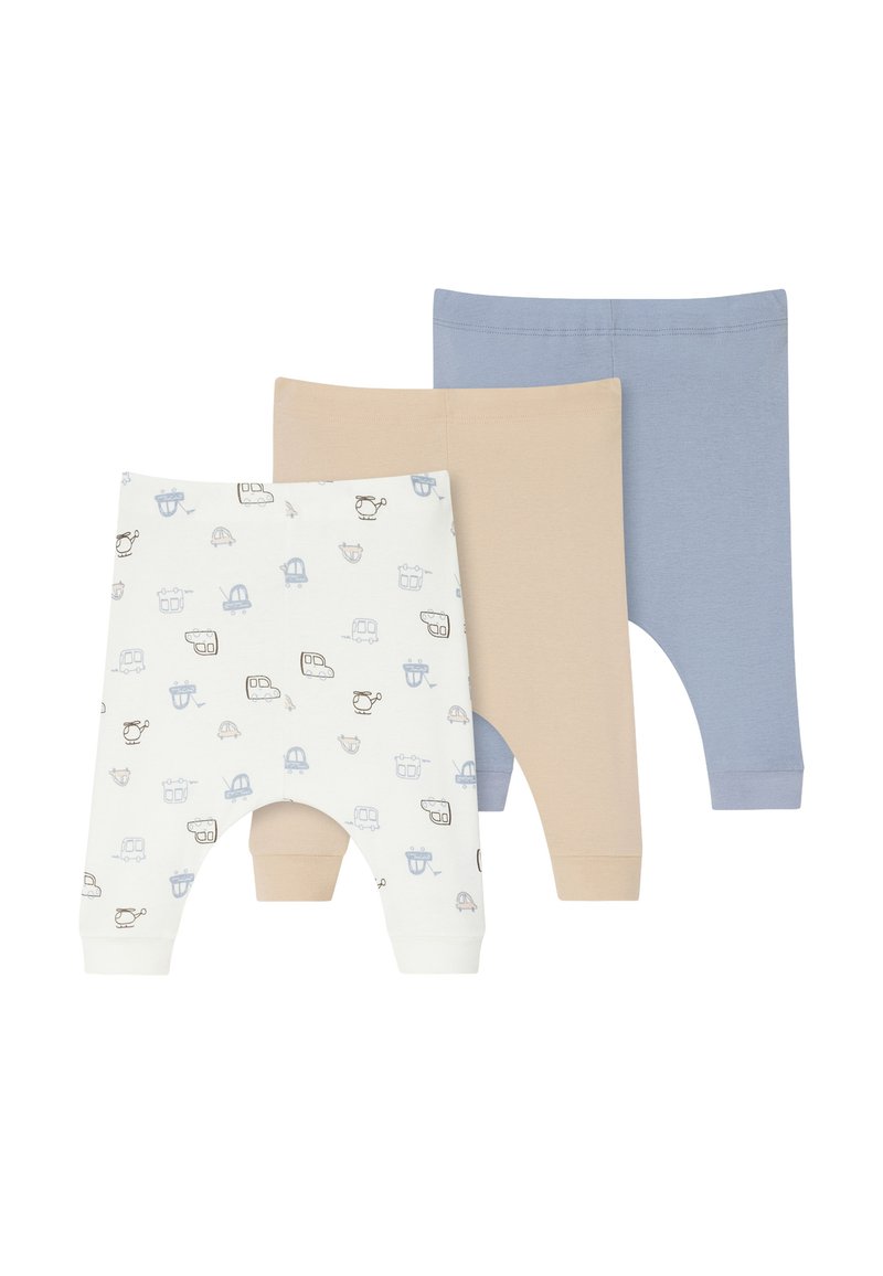 Set van drie katoenen babyleggings: één crème met blauwe patronen, één beige, één lichtblauw. Zachte stof met elastische taillebanden.