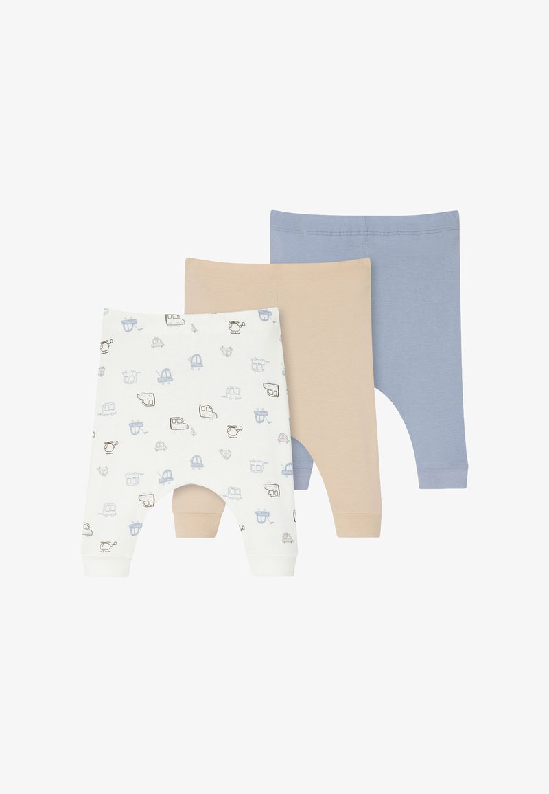 Set van drie katoenen babyleggings: één crème met blauwe patronen, één beige, één lichtblauw. Zachte stof met elastische taillebanden.