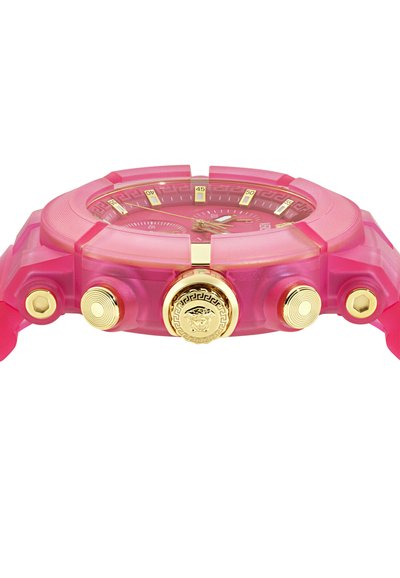 Roosa poolläbipaistev rannakell kuldsetest nuppudest, kuldne meduus sümbol kroonil ja kuldsed näidikud kellapeal, mis näitavad sekundeid ja minuteid.