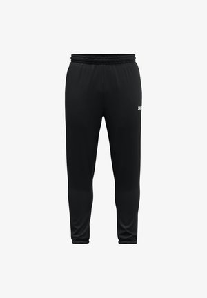 Schwarze Sportpants aus glattem Material, mit elastischem Bund, schmal zulaufenden Beinen und einem kleinen weißen Logo an der Vorderseite.