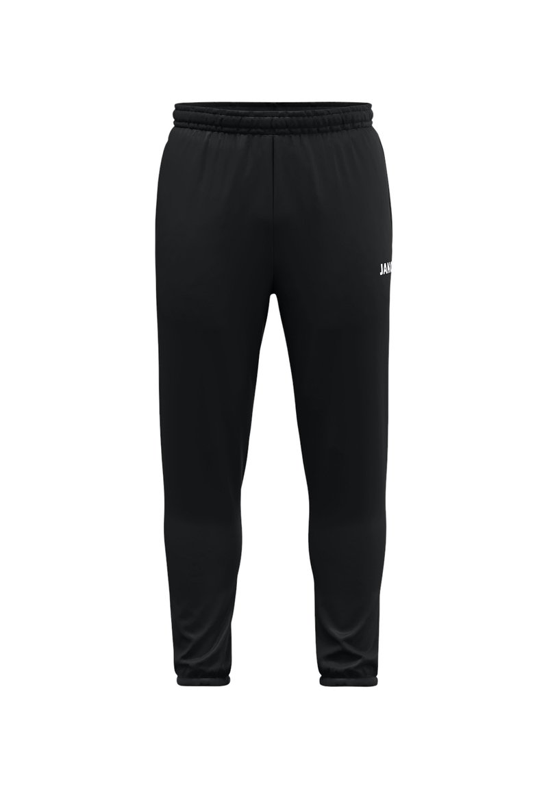 Zwarte sportbroek van glad materiaal, met een elastische tailleband, taps toelopende pijpen en een klein wit logo aan de voorkant.