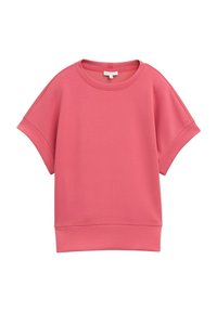 Różowa, oversize'owa bluza krótki rękaw z okrągłym dekoltem i ściągaczem na dole. Wykonana z teksturowanego, miękkiego materiału. Brak widocznych wzorów lub akcentów.