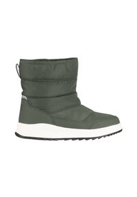 Zelená zateplená bota s prošívaným svrškem, gumovou podrážkou a kontrastní bílou mezipodešví. Obsahuje poutko na zadní straně pro snadné obouvání.