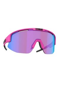 Occhiali sportivi da sole con una montatura rosa brillante e lenti sfumate che vanno dal viola al blu. Presentano un design avvolgente e un nasello regolabile.
