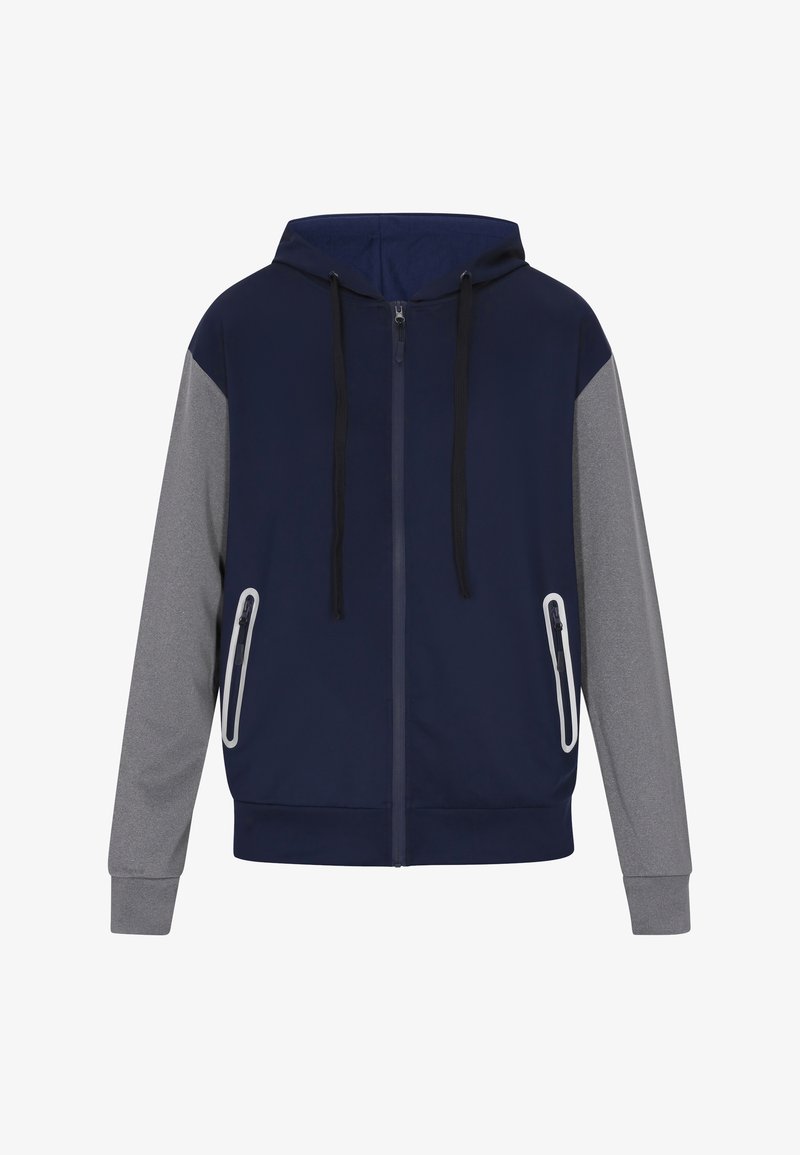 Námořnická a šedá mikina na zip s kapucí, dvěma předními kapsami na zip, černými tkaničkami a hladkým povrchem. Dlouhé rukávy se šedými akcenty.