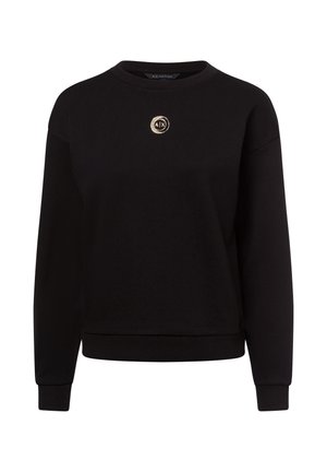 Zwarte sweatshirt gemaakt van zacht materiaal, met een ronde halslijn, lange mouwen, ribgebreide manchetten en een gouden logo-accent op de borst.