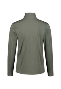 Langærmet skjorte med krave i olivengrøn, lavet af glat stof med subtile syninger. Ensfarvet ryg, ingen yderligere designs eller detaljer.