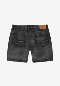 Czarne szorty dżinsowe o gładkiej fakturze, z dwiema tylnymi kieszeniami i skórzaną naszywką z napisem "PROSTO" w talii.