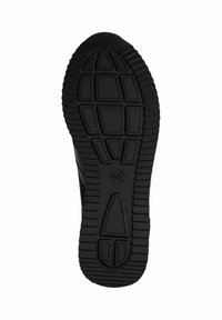 Semelle de chaussure en caoutchouc noir avec un motif de tread texturé. Comprend des carrés et des formes triangulaires surélevés pour l'adhérence et la traction.