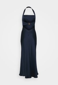 Vestido azul marinho de alças, feito de um tecido suave. Apresenta um design cruzado na cintura e um fecho de correr oculto nas costas.