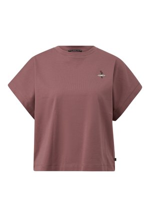 Short-sleeve, loose-fitting t-shirt in mauve cotton. Features a small embroidered design on the chest and a round neckline.