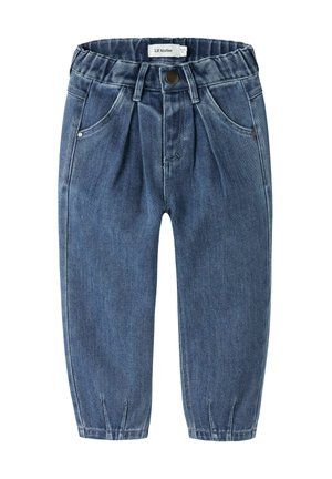 Pantalon en denim bleu pour tout-petit avec taille élastique, poches avant, passants pour ceinture et plis à l'avant et aux poignets.