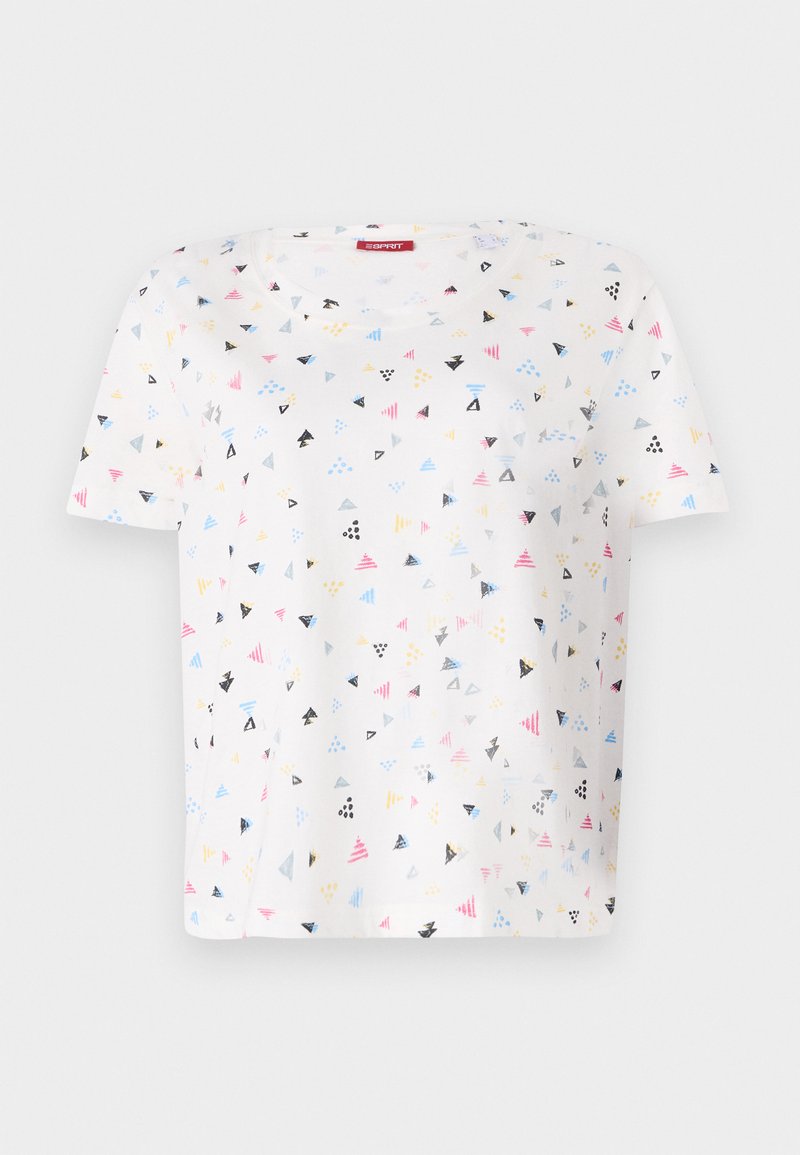 T-shirt blanc à manches courtes arborant un motif géométrique coloré avec des triangles et des points en rose, bleu, noir et jaune.